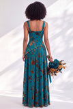 Corset en velours à col carré Fleurie Bleue, longue robe de demoiselle d’honneur et fête