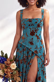 Corset en velours à col carré Fleurie Bleue, longue robe de demoiselle d’honneur et fête