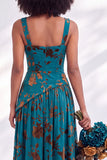 Corset en velours à col carré Fleurie Bleue, longue robe de demoiselle d’honneur et fête