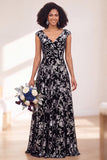 Robe longue de demoiselle d'honneur Fleur Noire Argentée avec mancherons