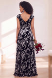 Robe longue de demoiselle d'honneur Fleur Noire Argentée avec mancherons