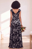 Robe longue de demoiselle d'honneur Fleur Noire Argentée avec mancherons