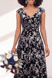 Robe longue de demoiselle d'honneur Fleur Noire Argentée avec mancherons