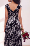 Robe longue de demoiselle d'honneur Fleur Noire Argentée avec mancherons