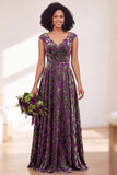 Robe longue de demoiselle d'honneur Fleur Noire Argentée avec mancherons
