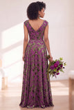 Robe longue de demoiselle d'honneur Fleur Noire Argentée avec mancherons