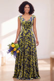 Robe longue de demoiselle d'honneur Fleur Noire Argentée avec mancherons