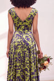 Robe longue de demoiselle d'honneur Fleur Noire Argentée avec mancherons