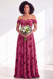 Robe longue de demoiselle d'honneur en velours floral fuchsia à épaules dénudées
