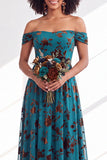 Robe longue de demoiselle d'honneur en velours floral fuchsia à épaules dénudées
