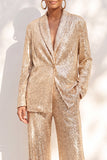 Champagne à paillettes et col châle, costume de soirée deux pièces avec pantalon