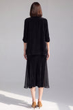 Noir deux pièces en velours, costume de cérémonie longueur midi