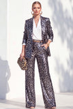 Café à imprimé léopard et paillettes, costume de soirée deux pièces avec pantalon et poches