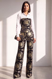 Noir et or en jacquard imprimé, costume deux pièces pour femmes avec pantalon longueur cheville
