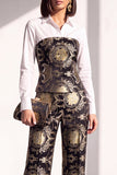 Noir et or en jacquard imprimé, costume deux pièces pour femmes avec pantalon longueur cheville