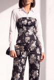 Noir et or en jacquard imprimé, costume deux pièces pour femmes avec pantalon longueur cheville
