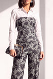 Noir et or en jacquard imprimé, costume deux pièces pour femmes avec pantalon longueur cheville