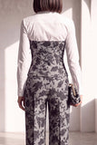 Noir et or en jacquard imprimé, costume deux pièces pour femmes avec pantalon longueur cheville