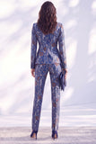 Bleu foncé ajusté à revers en pointe, costume deux pièces pour femmes avec pantalon