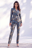 Bleu foncé ajusté à revers en pointe, costume deux pièces pour femmes avec pantalon