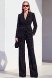 Vintage noir à imprimé floral et revers en pointe, costume deux pièces pour femmes avec pantalon