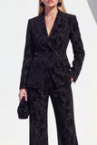 Vintage noir à imprimé floral et revers en pointe, costume deux pièces pour femmes avec pantalon