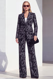 Vintage noir à imprimé floral et revers en pointe, costume deux pièces pour femmes avec pantalon