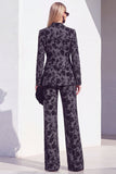 Vintage noir à imprimé floral et revers en pointe, costume deux pièces pour femmes avec pantalon