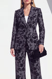 Vintage noir à imprimé floral et revers en pointe, costume deux pièces pour femmes avec pantalon