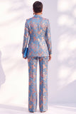 À fleurs bleues et revers, costume deux pièces pour femmes avec pantalon