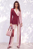 Rose bordeaux à revers en pointe avec ceinture, costume deux pièces pour femmes avec pantalon