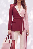Rose bordeaux à revers en pointe avec ceinture, costume deux pièces pour femmes avec pantalon