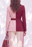 Rose bordeaux à revers en pointe avec ceinture, costume deux pièces pour femmes avec pantalon