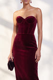 Bourgogne en velours à corset sans bretelles, robe de travail midi fourreau