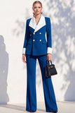 Bleu Berlin boutonné à manches longues, costume deux pièces pour femmes avec pantalon