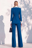 Bleu Berlin boutonné à manches longues, costume deux pièces pour femmes avec pantalon