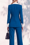 Bleu Berlin boutonné à manches longues, costume deux pièces pour femmes avec pantalon