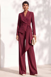 Costume marron deux pièces à col châle avec pantalon, manches longues et ceinture