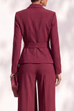 Costume marron deux pièces à col châle avec pantalon, manches longues et ceinture
