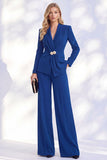 Costume bleu Berlin deux pièces à col V avec pantalon, fronces et perles