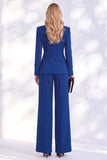 Costume bleu Berlin deux pièces à col V avec pantalon, fronces et perles