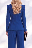 Costume bleu Berlin deux pièces à col V avec pantalon, fronces et perles