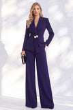 Costume bleu Berlin deux pièces à col V avec pantalon, fronces et perles