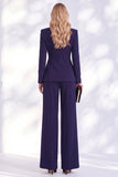Costume bleu Berlin deux pièces à col V avec pantalon, fronces et perles