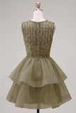 Robe courte de bal jaune à col rond à col rond à étages avec des perles