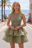 Robe courte de bal jaune à col rond à col rond à étages avec des perles