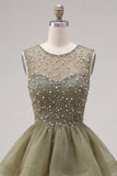 Robe courte de bal jaune à col rond à col rond à étages avec des perles