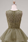 Robe courte de bal jaune à col rond à col rond à étages avec des perles