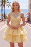 Robe courte de bal jaune à col rond à col rond à étages avec des perles