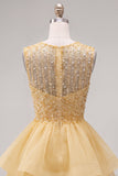 Robe courte de bal jaune à col rond à col rond à étages avec des perles